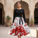 Women Retro Print Long Sleeve Slim Dress