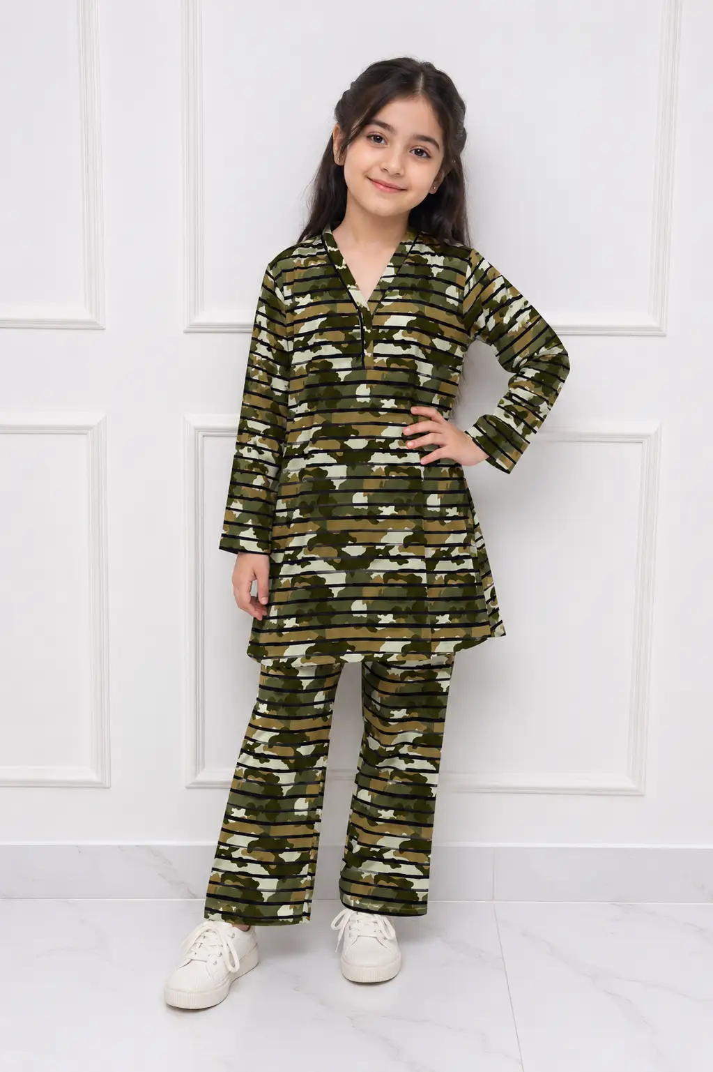 2 Pcs Girl's Stone Linen Printed Frock And Trouser Set