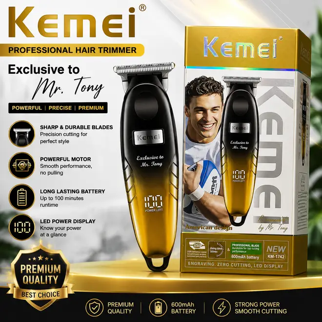 [MZ2361200141ADES] Kemei KM-1742 Professional Hair Trimmer – Rechargeable Cordless Beard & Hair Clipper with LED Power Display