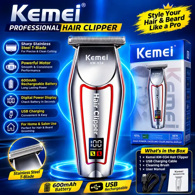 [MZ2361200140ADES] Kemei KM-034 Professional Hair Clipper – Cordless Rechargeable Hair & Beard Trimmer with Digital Display, Stainless Steel T-Blade & Powerful Motor