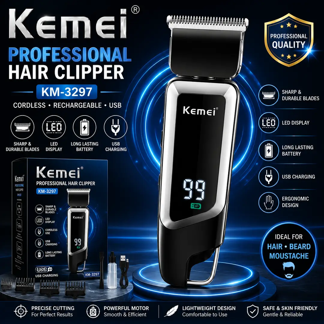 [MZ2361200146ADES] Kemei KM-3297 Professional Hair Clipper – Cordless Rechargeable Trimmer with LED Digital Battery Display, USB Charging & Sharp Stainless Steel Blades