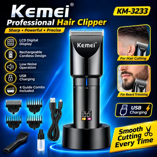 [MZ2361200144ADES] Kemei KM-3233 Professional Hair Clipper for Men – Rechargeable Cordless Hair & Beard Trimmer with LCD Digital Display, Adjustable Cutting Length, 4 Guide Combs & USB Charging