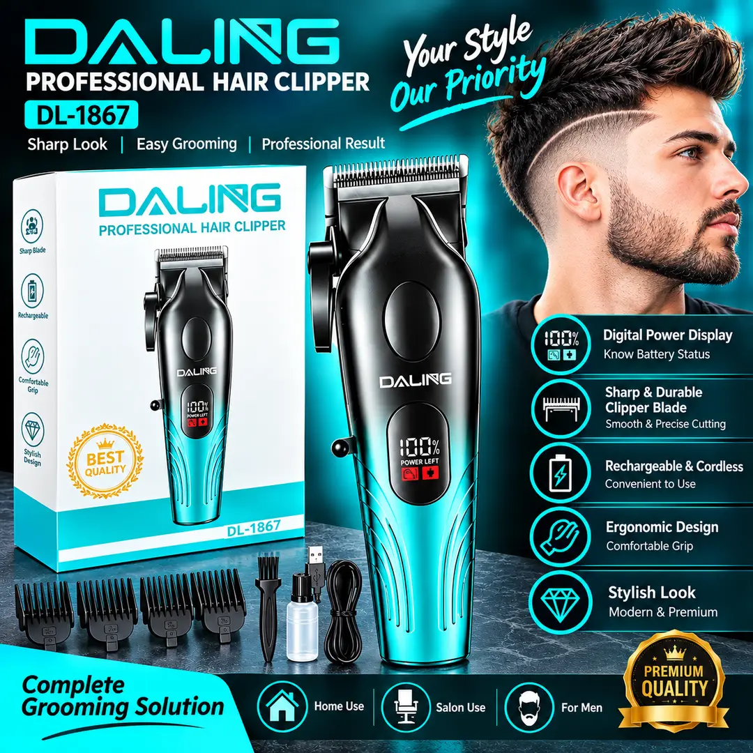 [MZ2361200150ADES] Daling Professional Hair Clipper DL-1867 | Rechargeable Cordless Hair Trimmer for Men | Professional Salon & Home Use | Digital Power Display | Stylish Turquoise & Black Design