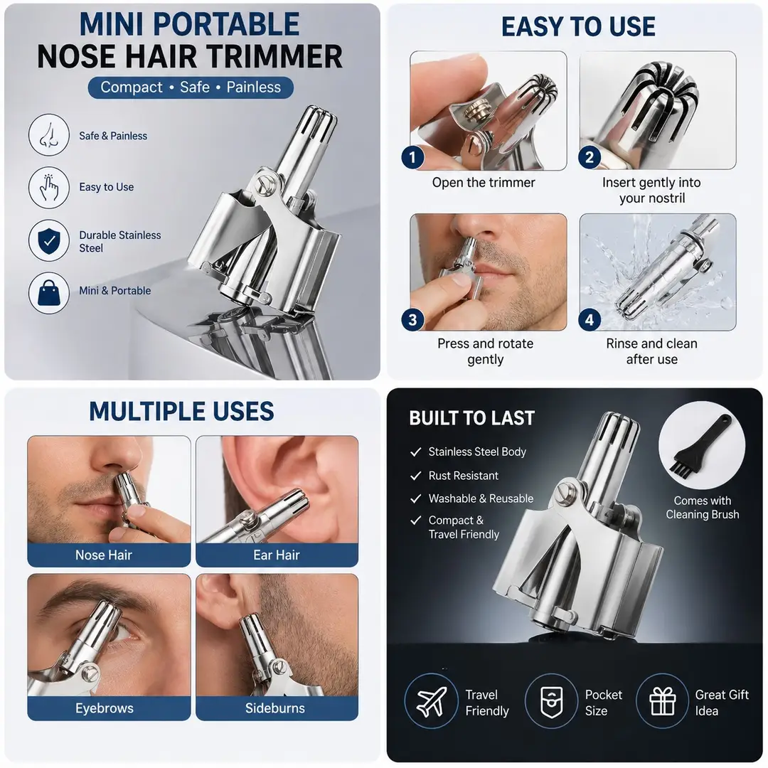 [MZ3157200025AAOESE] Manual Nose & Ear Hair Trimmer Stainless Steel – Safe Rotating Push Hair Remover, Washable Grooming Tool for Unisex