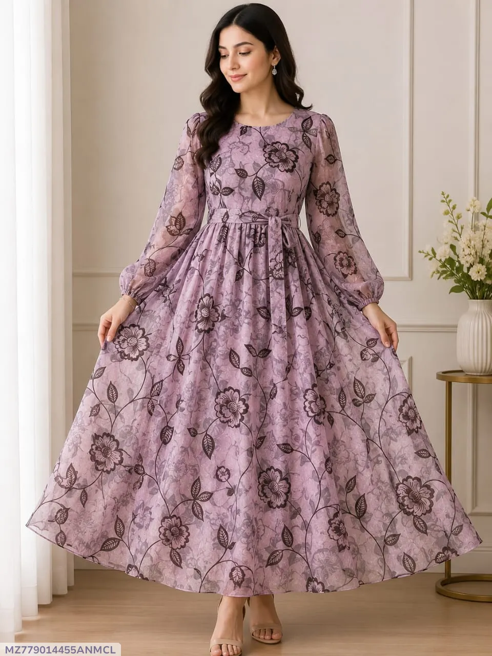 [MZ779014455ANMCL] Women Purple 3D Block Printed Organza Shirt