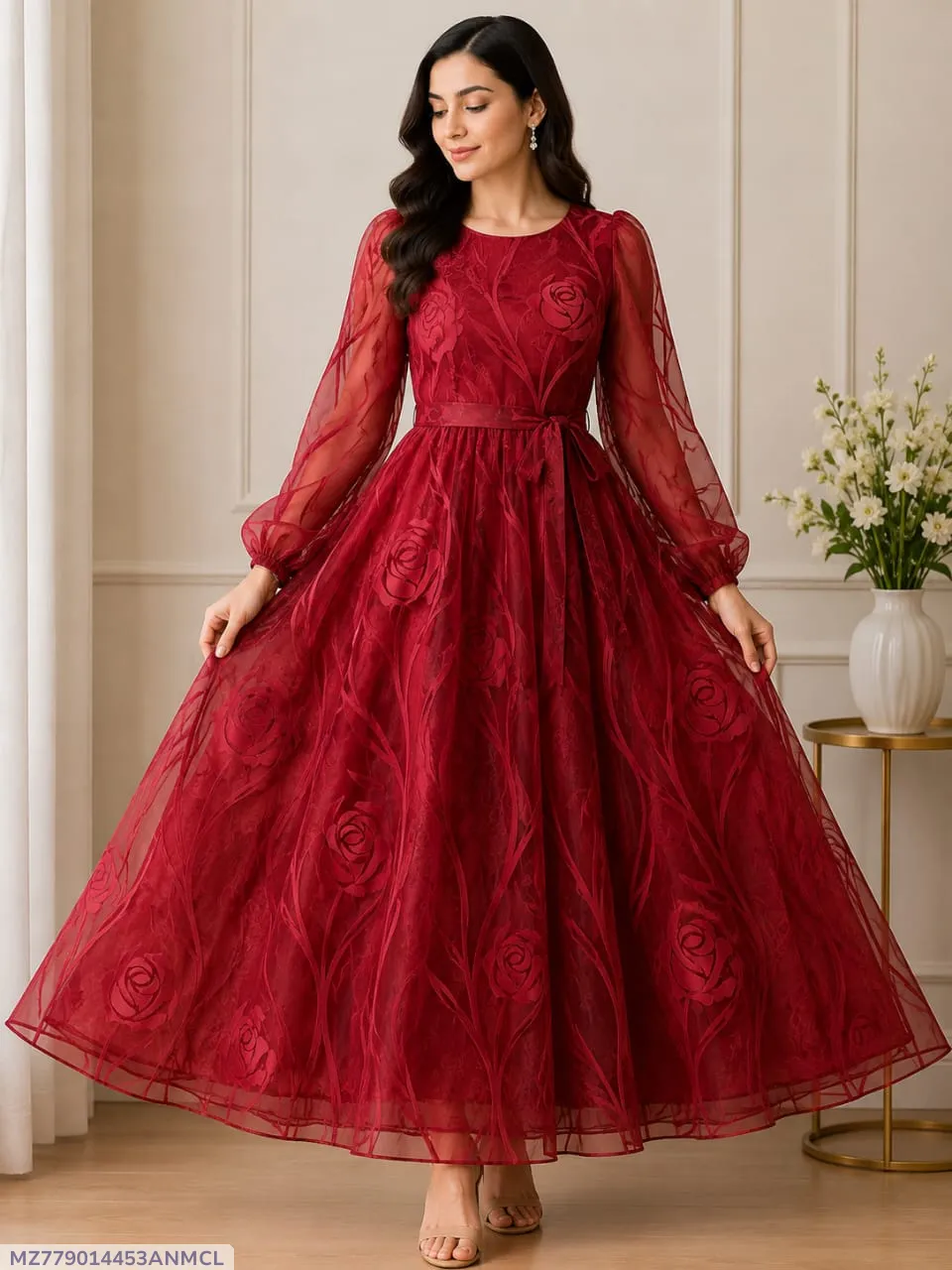 [MZ779014453ANMCL] Red Embroidered Gown After Wash Soft Arganza Net