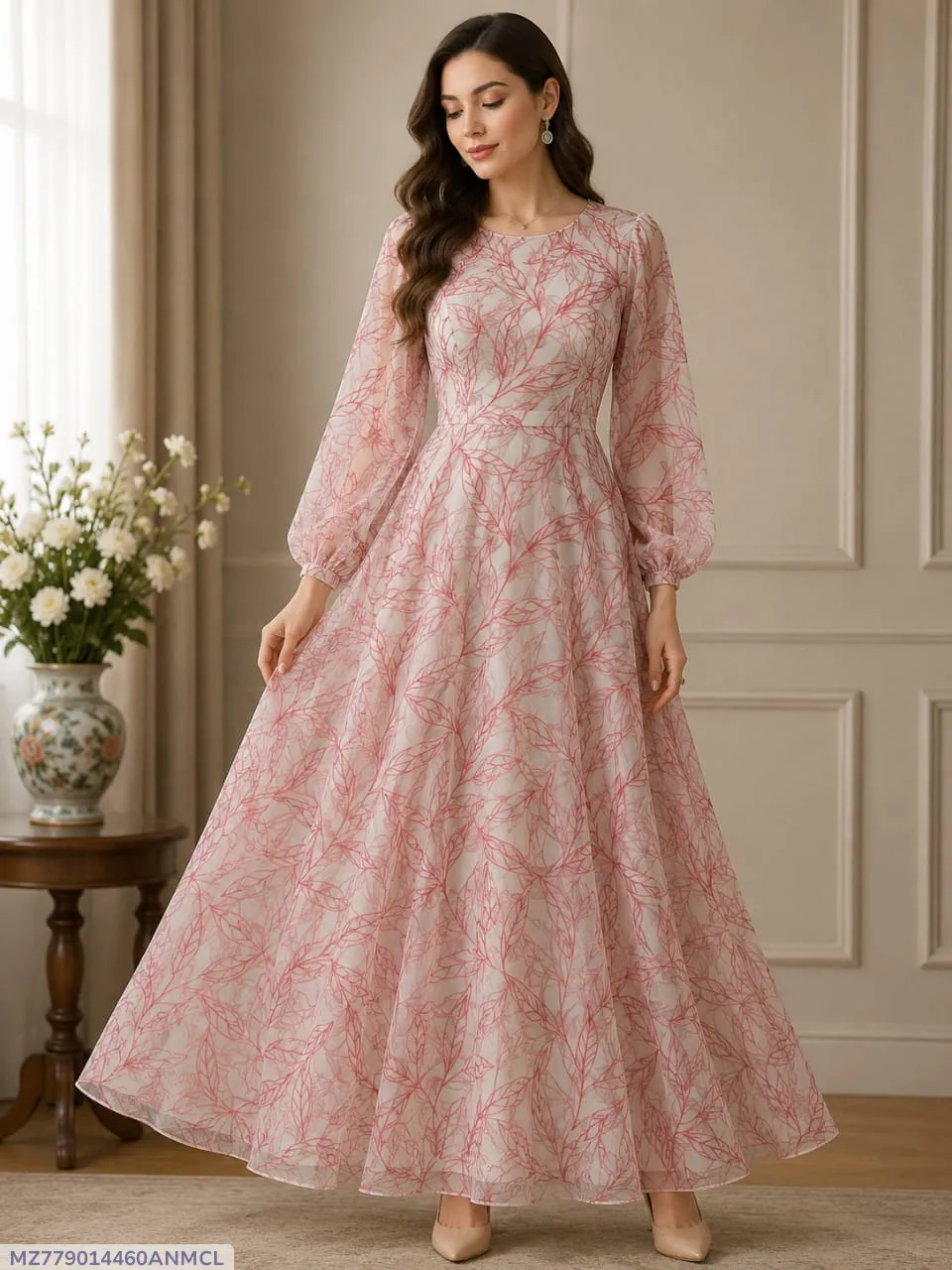 [MZ779014460ANMCL] Pink Floral After Wash Soft Arganza Net Gown