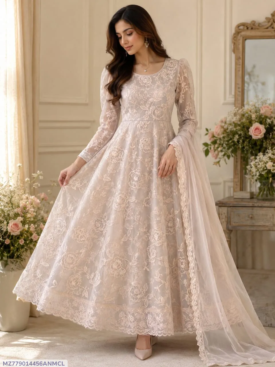 [MZ779014456ANMCL] Pakistani Embroidered Lehenga Set Light Pink Net