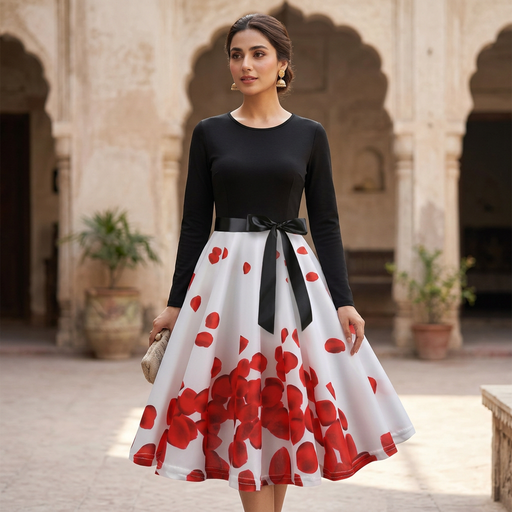 [MKZ-648303-648303001] Women Retro Print Long Sleeve Slim Dress