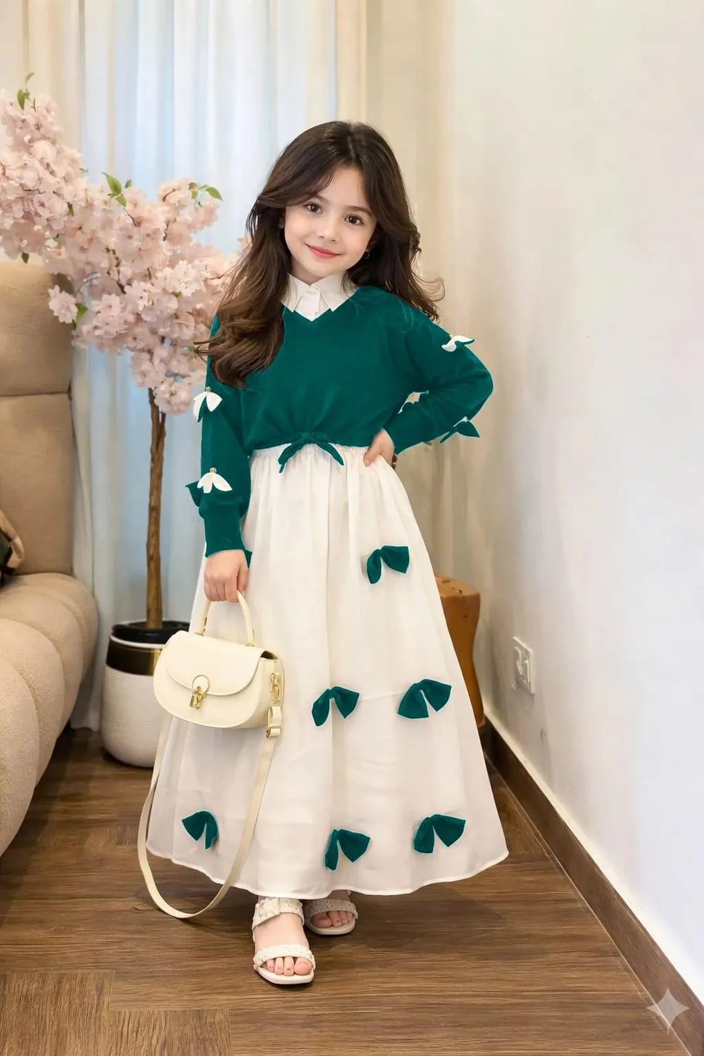 [MKZ-721724-721724004] Girls Georgette Bow Top Maxi Set Green White