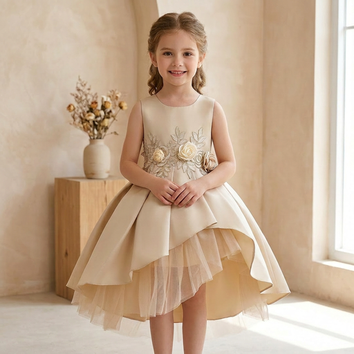 [MKZ-645354-645354001] Beige Floral Embroidered Little Girl Dress for Weddings & Parties