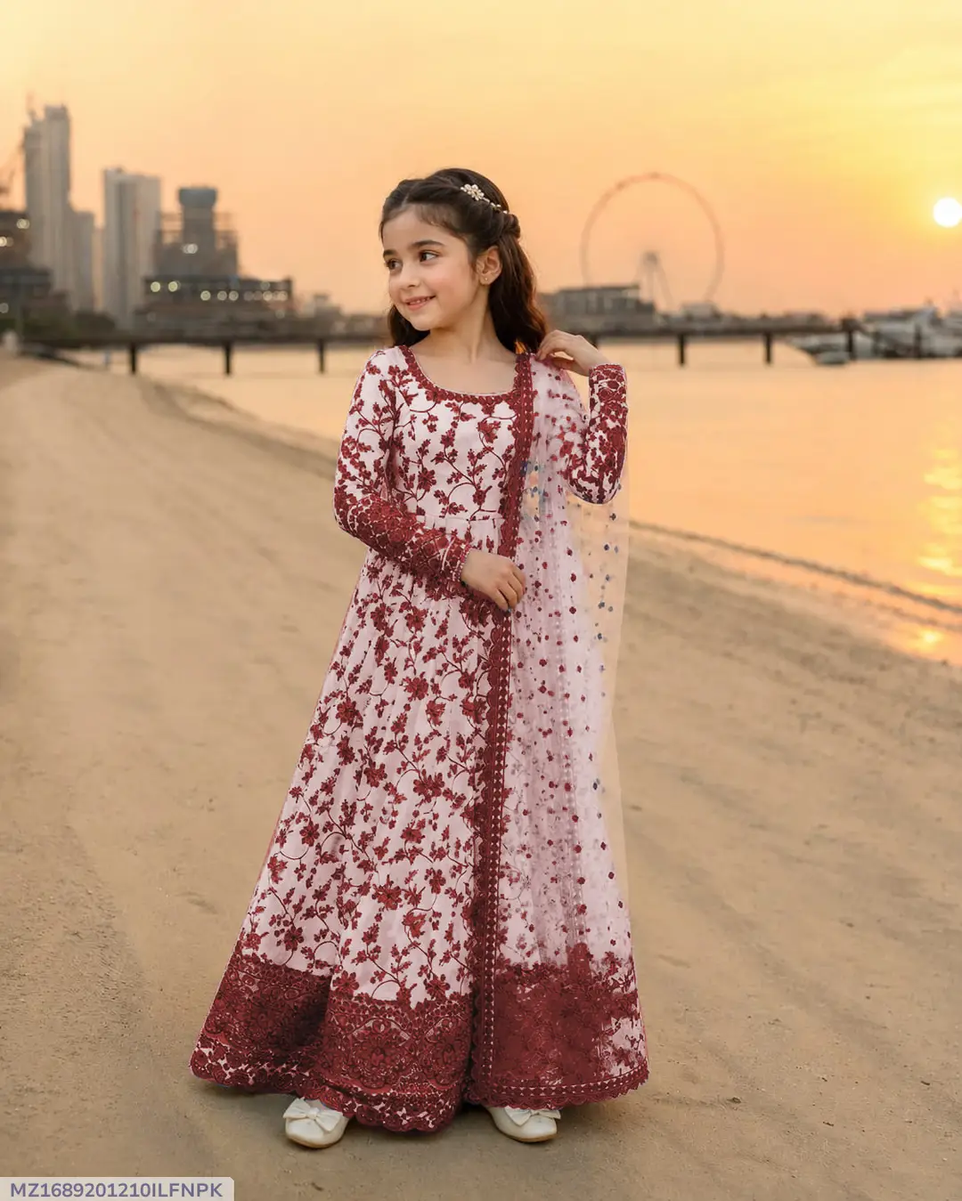 [MKZ-736463-736463001] 3 Pcs Girl's Karandi Printed Frock And Trouser Set